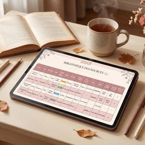May include: A tablet displaying a spreadsheet titled BIBLIOTHÈQUE DES SOURCES, an open book, a steaming mug, a glass vase with dried flowers, a lit candle, and several pens arranged on a table scattered with dried autumn leaves.