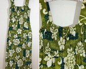 20 OFF Sale 70s Olive Green Barkcloth Hawaiian Smocked Sun Dress Maxi Dress, Girls Size 10 to 12