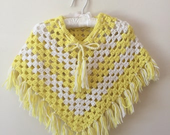 70s Yellow and White Crochet Fringed Poncho, Girls Size 3T to 5T