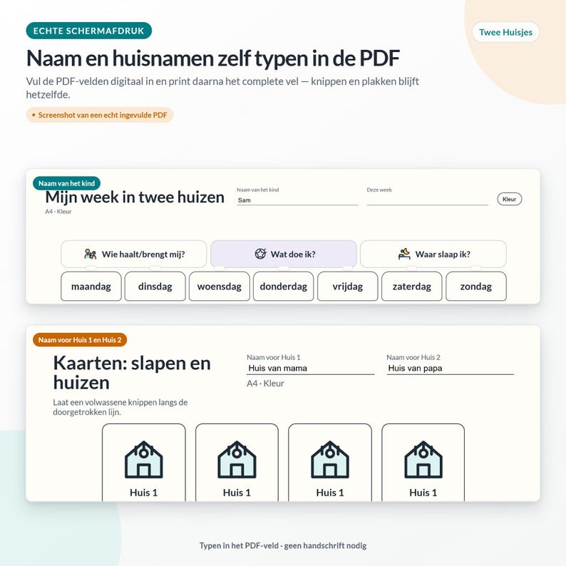 May include: A digital PDF template for children featuring a weekly planner titled Mijn week in twee huizen with fields for names and days of the week, plus a section for house cards labeled Huis 1 and Huis 2 with house icons for cutting out.