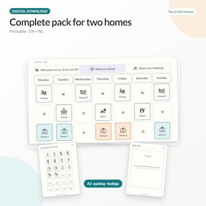 May include: A digital download printable pack for two homes featuring a weekly schedule planner with icons for pickup, drop off, school, sport, music, and home locations. Includes additional sheets for packing lists and feelings, all in English and Dutch.