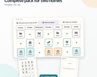 May include: A digital download printable pack for two homes featuring a weekly schedule planner with icons for pickup, drop off, school, sport, music, and home locations. Includes additional sheets for packing lists and feelings, all in English and Dutch.