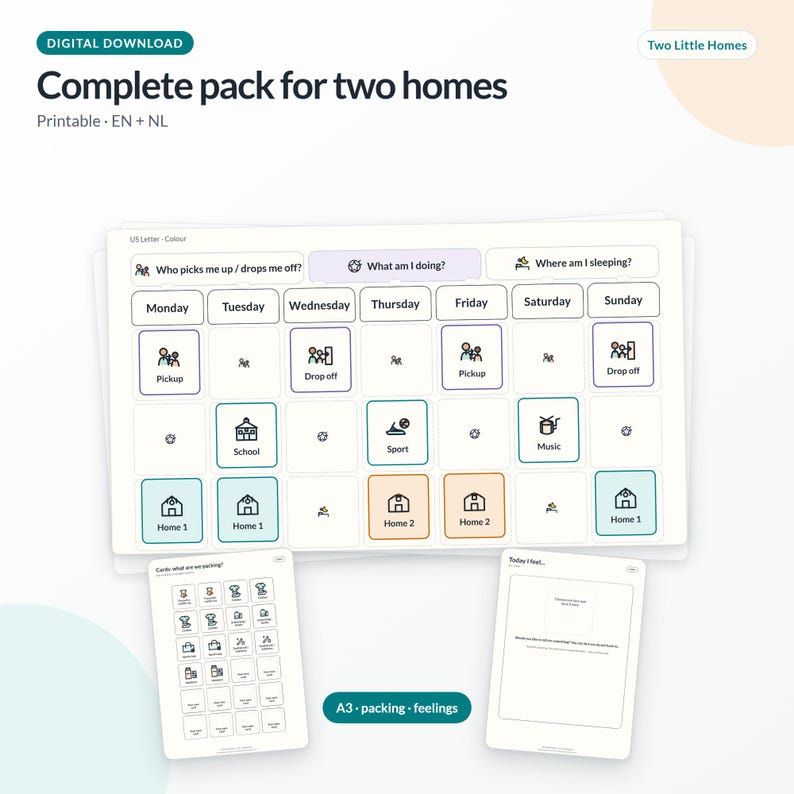 May include: A digital download printable pack for two homes featuring a weekly schedule planner with icons for pickup, drop off, school, sport, music, and home locations. Includes additional sheets for packing lists and feelings, all in English and Dutch.