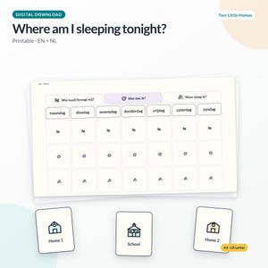 Op de afbeelding: Een digitale download printbare planner getiteld Where am I sleeping tonight? met een weekrooster met Nederlandse dagen van de week, activiteit-iconen en drie aparte kaarten met de labels Home 1, School en Home 2 voor visuele planning.