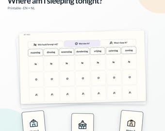 May include: A digital download printable chart titled Where am I sleeping tonight? featuring a weekly planner grid with Dutch days of the week, icons for activities, and three separate cards labeled Home 1, School, and Home 2 for visual scheduling.