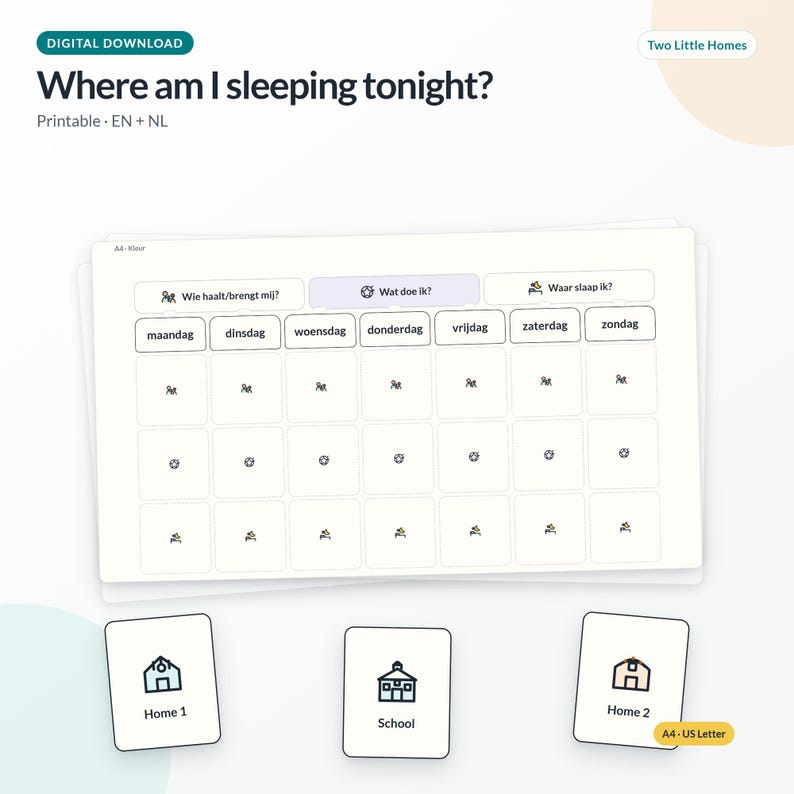 Op de afbeelding: Een digitale download printbare planner getiteld Where am I sleeping tonight? met een weekrooster met Nederlandse dagen van de week, activiteit-iconen en drie aparte kaarten met de labels Home 1, School en Home 2 voor visuele planning.