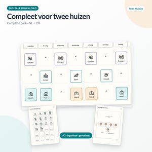May include: A digital download set featuring a weekly planner chart with Dutch day names, icons for activities like school, sport, and music, and labels for two houses. Includes two additional sheets for packing lists and emotional check-ins in A3 format.