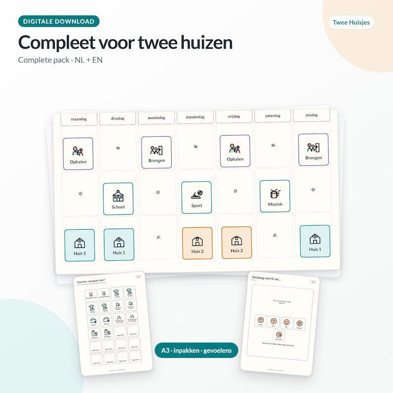 May include: A digital download set featuring a weekly planner chart with Dutch day names, icons for activities like school, sport, and music, and labels for two houses. Includes two additional sheets for packing lists and emotional check-ins in A3 format.