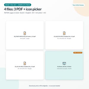May include: A digital product pack containing 4 files: 3 PDFs and 1 icon picker. The text reads: WHAT YOU GET - COMPLETE PACK, 4 files: 3 PDF + icon picker, 98 PDF pages in total, Dutch + English, A4 + US Letter + A3, and Two Little Homes.