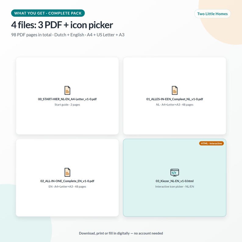 May include: A digital product pack containing 4 files: 3 PDFs and 1 icon picker. The text reads: WHAT YOU GET - COMPLETE PACK, 4 files: 3 PDF + icon picker, 98 PDF pages in total, Dutch + English, A4 + US Letter + A3, and Two Little Homes.