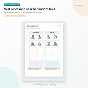 May include: A printable packing list board for children titled Wat gaat mee? featuring two columns labeled Nog pakken and In de tas. The board includes icons for clothing, school bags, and toys, with space for 24 loose cards to help organize items.