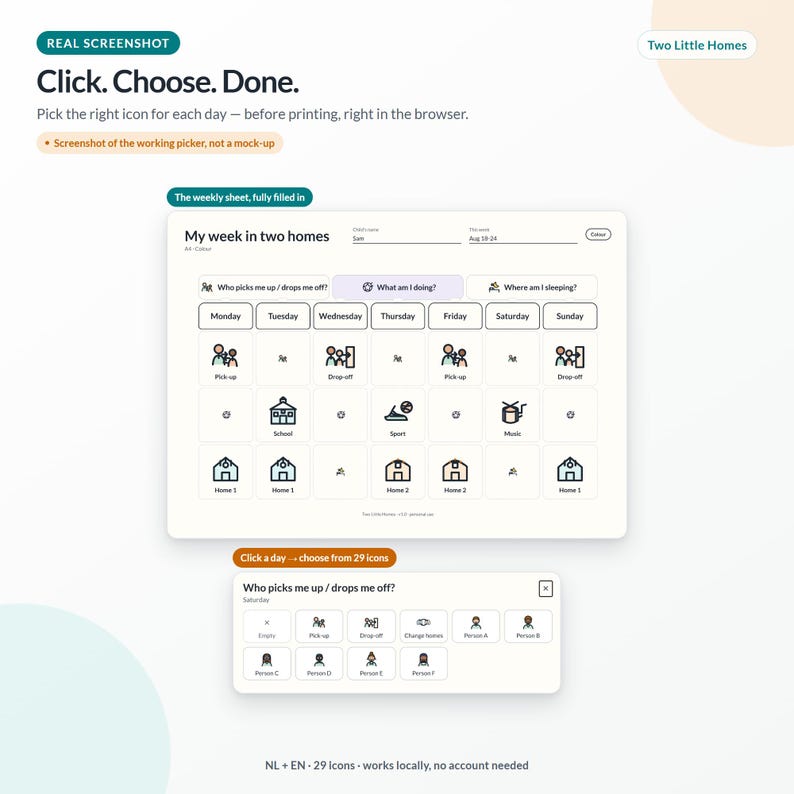 May include: A digital interface for a weekly planner titled My week in two homes. The screen displays a grid with days of the week, icons for activities like school and music, and a pop-up menu for selecting icons. Text includes Click. Choose. Done.