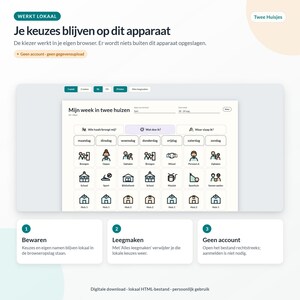 May include: A digital interface titled 'Mijn week in twee huizen' featuring a weekly planner with icons for daily activities, school, and home locations. The layout includes buttons for language selection, clearing data, and instructions for local browser storage.
