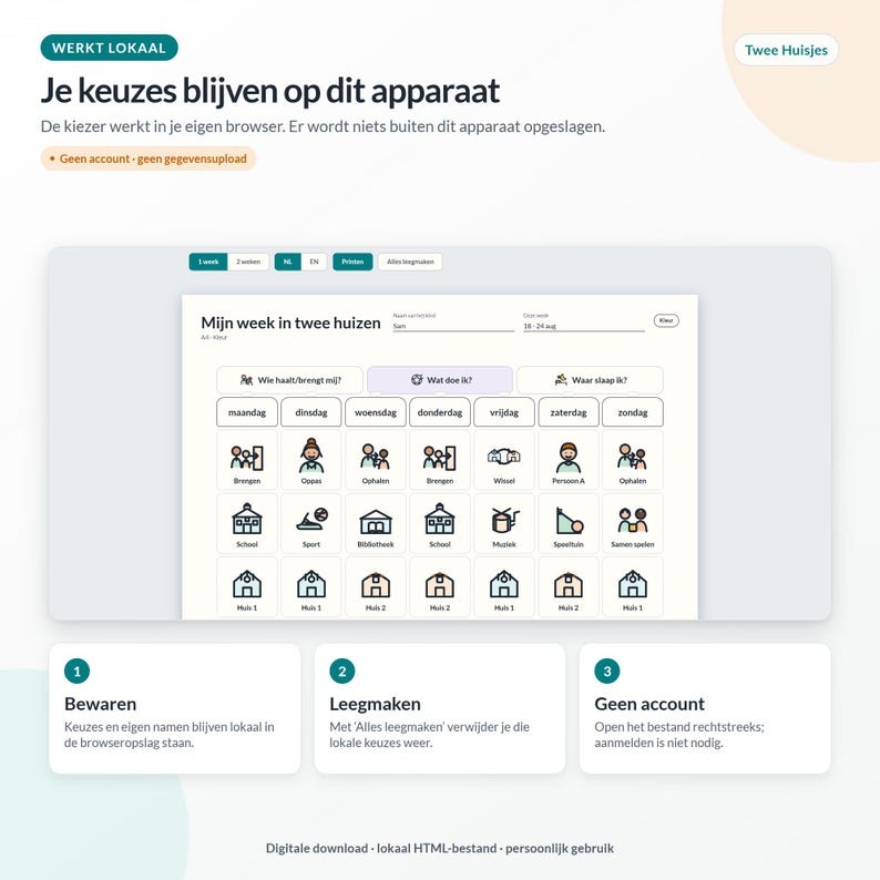 May include: A digital interface titled 'Mijn week in twee huizen' featuring a weekly planner with icons for daily activities, school, and home locations. The layout includes buttons for language selection, clearing data, and instructions for local browser storage.