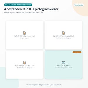 May include: A digital product package containing four files: three PDF documents and one interactive HTML pictogram selector. The text indicates 98 total pages in A4, US Letter, and A3 formats, available in Dutch and English for two houses.