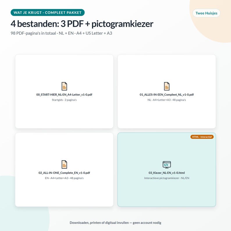 May include: A digital product package containing four files: three PDF documents and one interactive HTML pictogram selector. The text indicates 98 total pages in A4, US Letter, and A3 formats, available in Dutch and English for two houses.