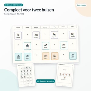 May include: A digital download set featuring a weekly planner chart with Dutch day names, icons for activities like school, sport, and music, and labels for two houses. Includes two additional sheets for packing lists and emotional check-ins in A3 format.