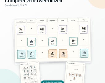 May include: A digital download set featuring a weekly planner chart with Dutch day names, icons for activities like school, sport, and music, and labels for two houses. Includes two additional sheets for packing lists and emotional check-ins in A3 format.