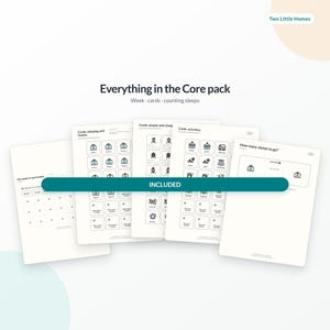 May include: A set of white printed cards titled Everything in the Core pack, featuring categories like sleeping and homes, people and changes, and activities. The cards include black line icons and text, with a teal bar labeled INCLUDED across them.
