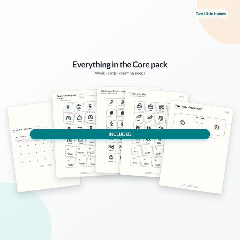 May include: A set of white printed cards titled Everything in the Core pack, featuring categories like sleeping and homes, people and changes, and activities. The cards include black line icons and text, with a teal bar labeled INCLUDED across them.