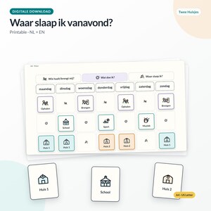 May include: A digital download printable planner titled Waar slaap ik vanavond? featuring a weekly schedule grid with icons for school, sports, music, and home locations labeled Huis 1 and Huis 2. Includes separate cards for Huis 1, School, and Huis 2.