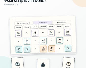 May include: A digital download printable planner titled Waar slaap ik vanavond? featuring a weekly schedule grid with icons for school, sports, music, and home locations labeled Huis 1 and Huis 2. Includes separate cards for Huis 1, School, and Huis 2.