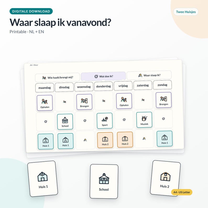 May include: A digital download printable planner titled Waar slaap ik vanavond? featuring a weekly schedule grid with icons for school, sports, music, and home locations labelled Huis 1 and Huis 2. Includes separate cards for Huis 1, School, and Huis 2.