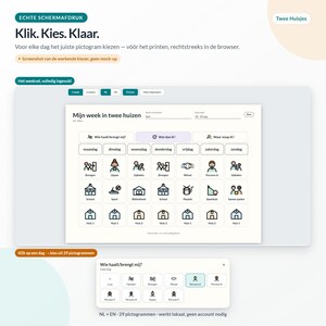 May include: A digital interface for a weekly planner titled Mijn week in twee huizen, featuring a grid of days from Monday to Sunday with various icons for activities like school, sports, and home locations, plus a pop-up menu for selecting icons.