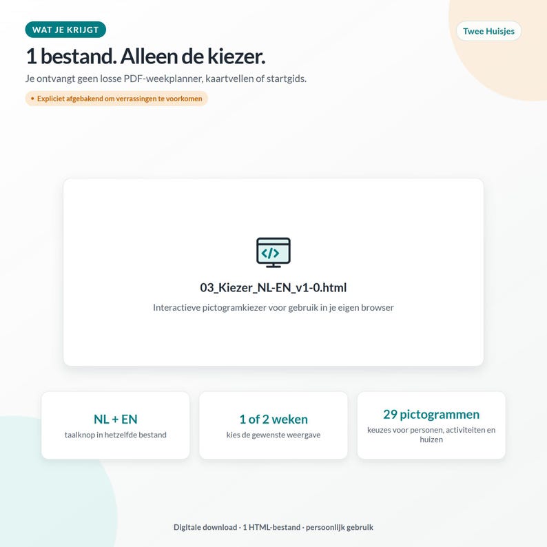 May include: A digital product information graphic titled 1 bestand. Alleen de kiezer. It features a central box with a computer icon labeled 03_Kiezer_NL-EN_v1-0.html, alongside text boxes detailing language options, weekly views, and 29 icons.