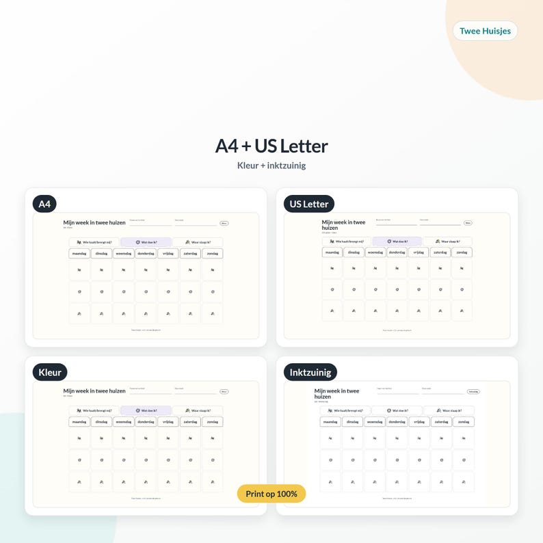 May include: A digital planner template titled Mijn week in twee huizen, available in A4 and US Letter sizes, featuring colour and ink-saving versions. The layout includes a weekly schedule with days of the week and icons for tracking transitions between two homes.