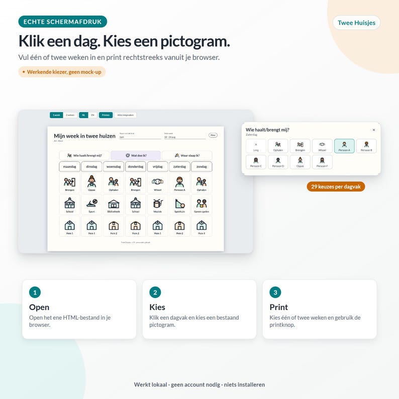 May include: A digital planner interface titled Mijn week in twee huizen featuring a weekly schedule grid with icons for daily activities, a pop-up menu for selecting people, and three numbered steps for opening, choosing, and printing the document.