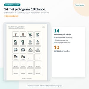 May include: A printable sheet containing 24 cards, including 14 with icons for items like clothing, school bags, and medicine, and 10 blank cards. The text includes '24 LOSSE KAARTEN', '14 met pictogram. 10 blanco.', and 'Kaarten: wat gaat mee?'