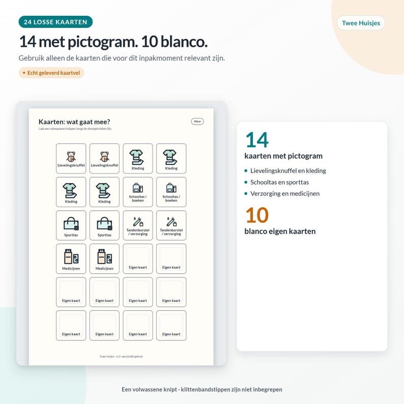 May include: A printable sheet containing 24 cards, including 14 with icons for items like clothing, school bags, and medicine, and 10 blank cards. The text includes '24 LOSSE KAARTEN', '14 met pictogram. 10 blanco.', and 'Kaarten: wat gaat mee?'