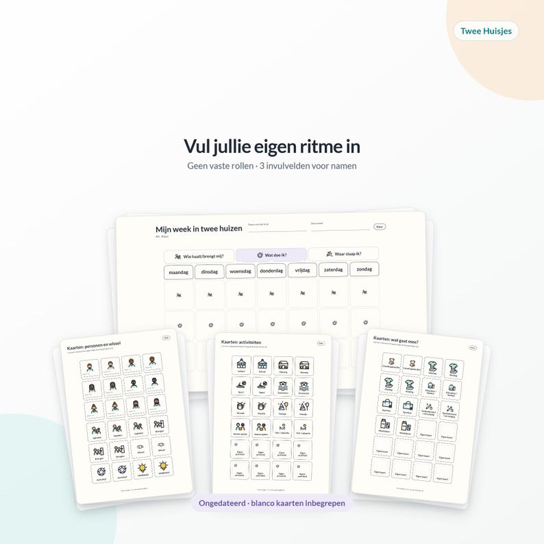 May include: A white weekly planner titled Mijn week in twee huizen with three name fields, accompanied by three sheets of small square cards featuring black and white icons for people, activities, and items, with the text Vul jullie eigen ritme in.