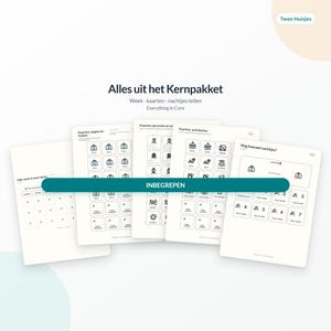 May include: A set of five white informational sheets titled Alles uit het Kernpakket, featuring black line icons and text for tracking weekly schedules, activities, and sleep counts, with a prominent teal horizontal bar labeled INBEGREPEN.
