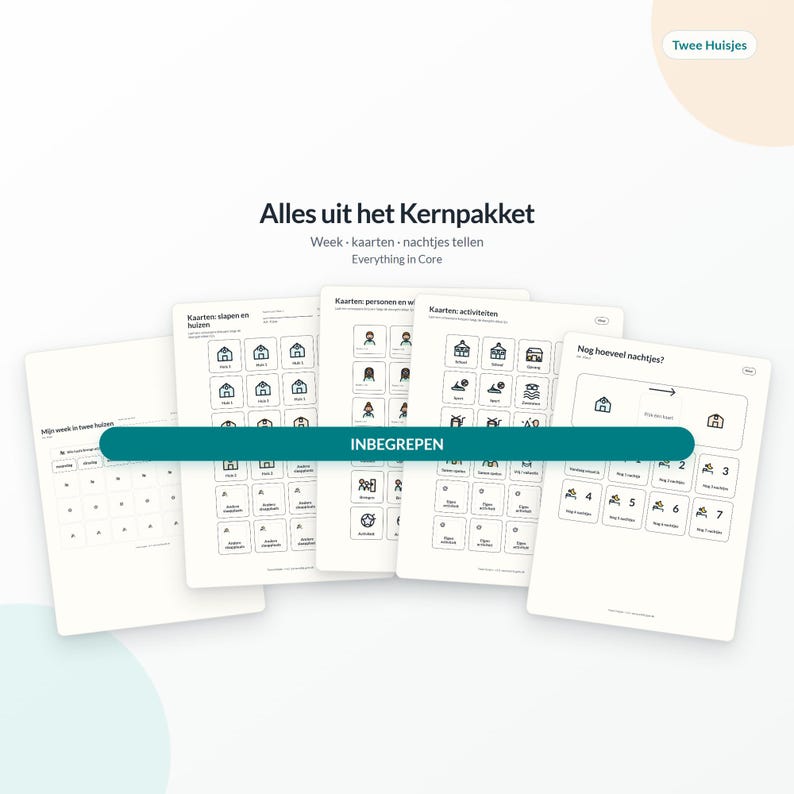 May include: A set of five white informational sheets titled Alles uit het Kernpakket, featuring black line icons and text for tracking weekly schedules, activities, and sleep counts, with a prominent teal horizontal bar labeled INBEGREPEN.