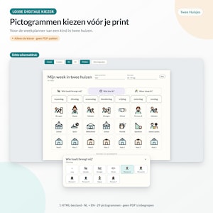 May include: A digital weekly planner interface for children living in two homes, featuring a grid of icons for daily activities, school, and house transitions. The screen displays text in Dutch including 'Mijn week in twee huizen' and various activity labels.