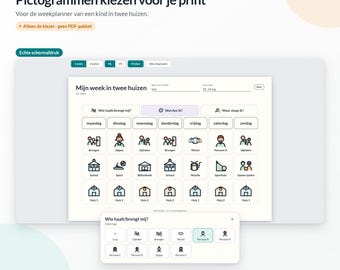 May include: A digital weekly planner interface for children living in two homes, featuring a grid of icons for daily activities, school, and house transitions. The screen displays text in Dutch including 'Mijn week in twee huizen' and various activity labels.