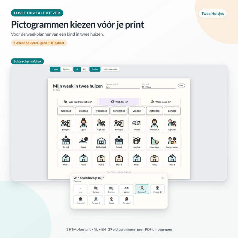 May include: A digital weekly planner interface for children living in two homes, featuring a grid of icons for daily activities, school, and house transitions. The screen displays text in Dutch including 'Mijn week in twee huizen' and various activity labels.