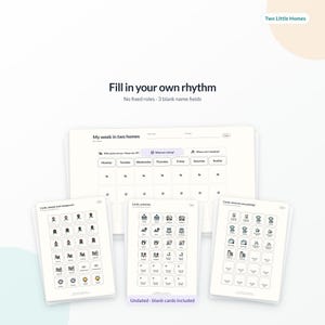 May include: A weekly planner titled My week in two homes with three blank name fields and a grid for Monday through Sunday. Includes three sheets of small square cards featuring icons for people, activities, and packing items with text labels.
