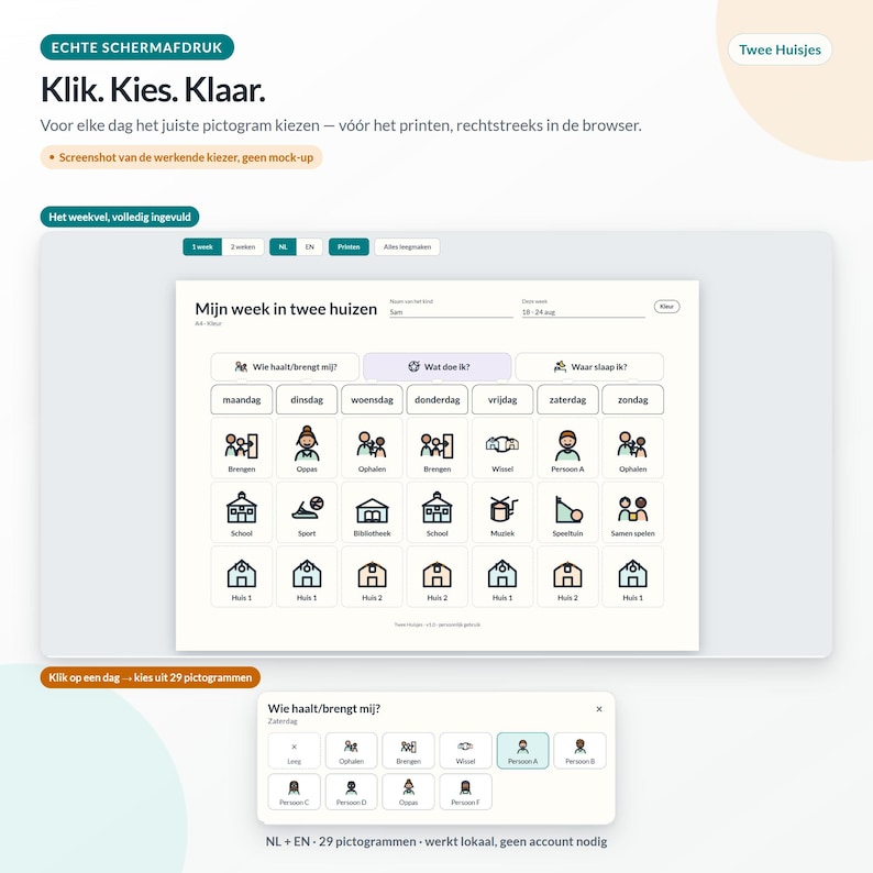 May include: A digital interface for a weekly planner titled Mijn week in twee huizen, featuring a grid of days from Monday to Sunday with various icons for activities like school, sports, and home locations, plus a pop-up menu for selecting icons.