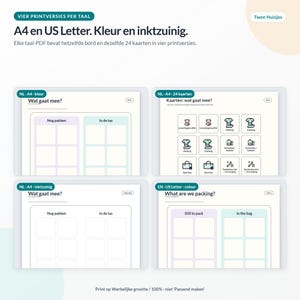 May include: A digital printable packing checklist set featuring A4 and US Letter formats in colour and ink-saving versions. The sheets include a grid labelled 'What are we packing?' with sections for 'Still to pack' and 'In the bag' plus 24 item cards.