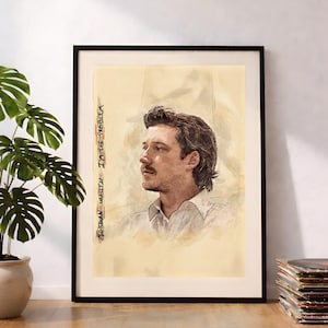 May include: A framed portrait print featuring a side-profile illustration of a person with short brown hair and a moustache, wearing a collared shirt. The text "MORGAN WALLEN I'M THE PROBLEM" is written vertically in black ink on the left side of the artwork.