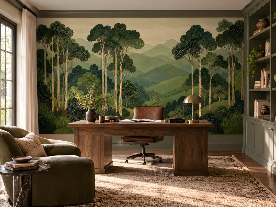 Forest Wallpaper Mural Green Trees Landscape Design - Etsy