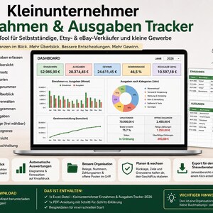 Könnte beinhalten: Ein 2026 Einnahmen- und Ausgaben-Tracker als Excel-Tool für Kleinunternehmer, dargestellt auf einem Laptop-Bildschirm. Das Dashboard enthält Finanzdiagramme, Tortengrafiken und Datentabellen zur Übersicht von Umsatz, Kosten und Gewinn.