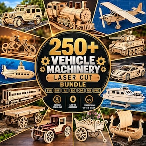 Op de afbeelding: Een verzameling lasergesneden houten voertuigmodellen, waaronder een trein, vliegtuig, tank, onderzeeër, auto en koets. De centrale tekst luidt 250+ VEHICLE MACHINERY LASER CUT BUNDLE, met iconen voor SVG, DXF, AI, EPS, CDR, PDF en PNG.