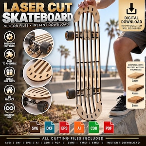May include: A laser cut skateboard design featuring a slatted wooden deck structure with black accents and metal trucks with black wheels. The digital file set includes SVG, DXF, EPS, AI, CDR, and PDF formats for 3mm, 4mm, and 6mm material thicknesses.