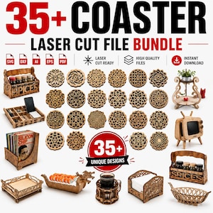 May include: A digital bundle of 35+ laser cut files for coasters and home accessories. The image displays various wooden items including spice racks, a desk organizer, a magazine holder, a television-shaped stand, and intricate circular coasters.