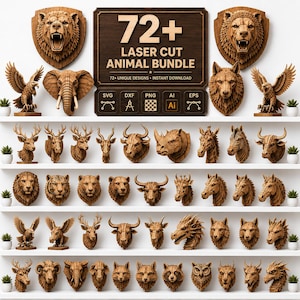Puede incluir: Un paquete digital de más de 72 diseños de animales cortados con láser, con soportes de pared 3D estilo madera de osos, águilas, elefantes, lobos, ciervos y otras criaturas. Incluye formatos de archivo SVG, DXF, PNG, AI y EPS.