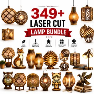 Peut inclure: Une collection numérique de plus de 349 modèles de lampes découpées au laser, présentant diverses formes géométriques, animales et abstraites en bois. L'image montre plusieurs styles de lampes éclairées, sphériques et cylindriques.